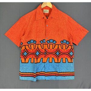 Vintage Malihini Hawaiian Shirt Orange Blue Art Rare Beautiful